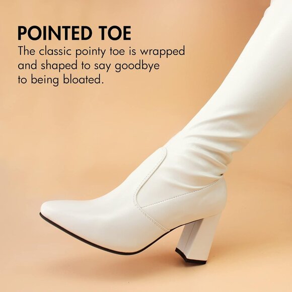 Hawkwell Women's White pu Low Flat Heel Thigh High Over The Knee Fashion Boots - Picture 4 of 5